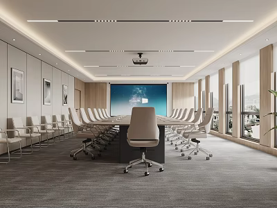 Modern Conference Room Interior Design With Long Table Office Chairs Projection Screen And Lighting 3d model