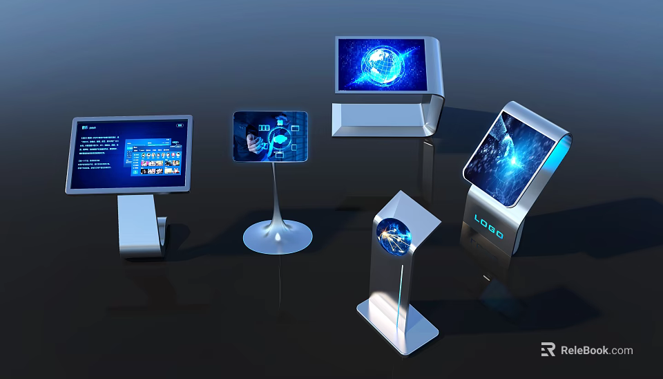 Interactive Touchscreen Kiosks With Modern Stands And Blue Globe Displays 3d model 