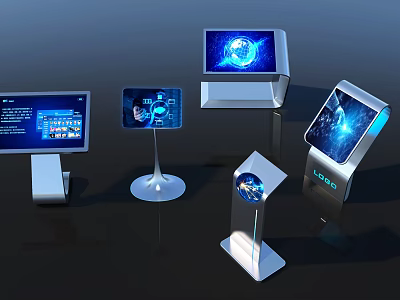 Interactive Touchscreen Kiosks With Modern Stands And Blue Globe Displays 3d model