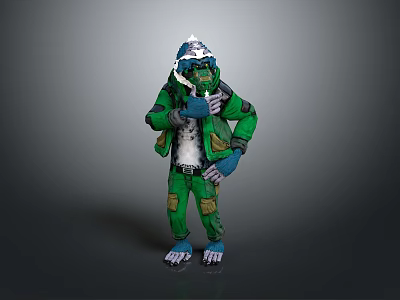 Game Movie Character In Green Outfit With Helmet Patched Pants And Blue Gloves 3D Render 3d model