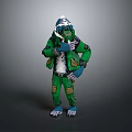 Game Movie Character In Green Outfit With Helmet Patched Pants And Blue Gloves 3D Render