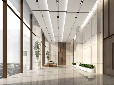 Modern Office Reception Desk with Glass Walls Green Plants Wooden Accents and Marble Floor 3d model