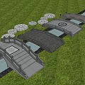 Landscape Bridge Design With Stone Structure And Lotus Shaped Stepping Stones In Green Grassy Area