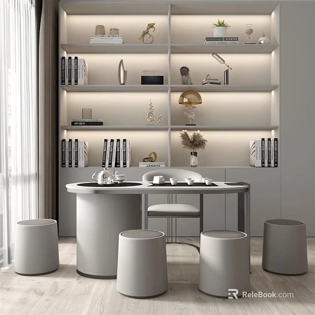 Modern Interior Round Tea Table and Stools with Lit Bookshelves and Decorative Items 3d model