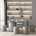 Modern Interior Round Tea Table and Stools with Lit Bookshelves and Decorative Items 3d model