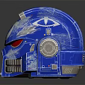 Two Blue Mechanical Helmets With White Logo Red Details On Black Background 3d model