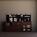 Brown Wooden Sideboard With Pegboard Back Panel Coffee Machine Jars Books And Glass Doors