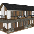 Two Story Rural Self built House Exterior With White Walls Black Roof And Stone Base