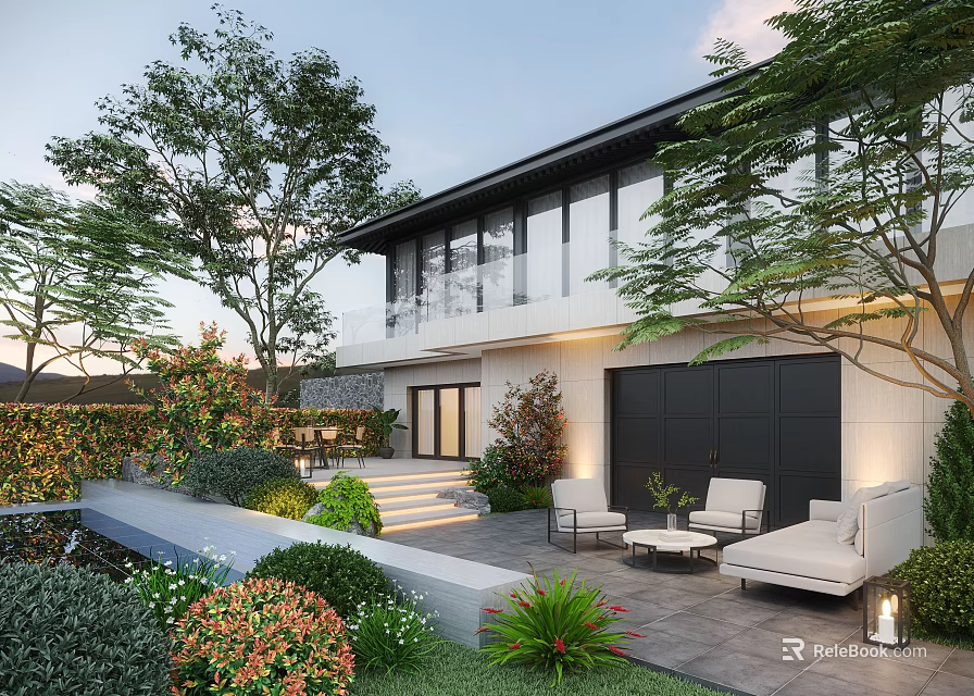 Modern Courtyard Garden With Surrounding House Lush Green Plants Outdoor Seating And Stone Steps 3d model 