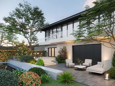 Modern Courtyard Garden With Surrounding House Lush Green Plants Outdoor Seating And Stone Steps 3d model