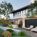 Modern Courtyard Garden With Surrounding House Lush Green Plants Outdoor Seating And Stone Steps