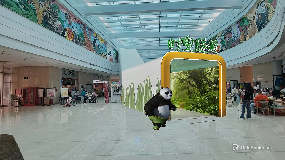 Panda in Mall Atrium With Yellow Archway Green Background And Colorful Murals 3d model 