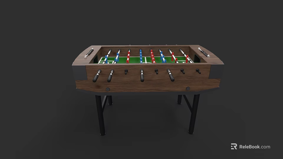 Wooden Foosball Table With Green Surface Red Blue Players And Sturdy Legs 3d model 