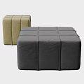 Two Square Upholstered Ottomans in Beige and Gray with Stitched Design