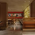 Modern Restaurant Interior With Red Walls Food Display Posters Dining Tables And Chairs