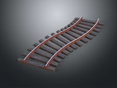 Train Railway Track With Curved Design Wooden Sleepers And Metal Rails On Dark Background 3d model