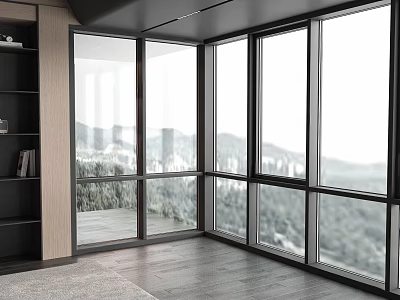 Spacious Room Featuring Floor to Ceiling Windows With Scenic Mountain And Green Tree Views 3d model