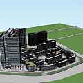 Modern Glass Facade Office Building With Green Lawn Trees And Outdoor Space