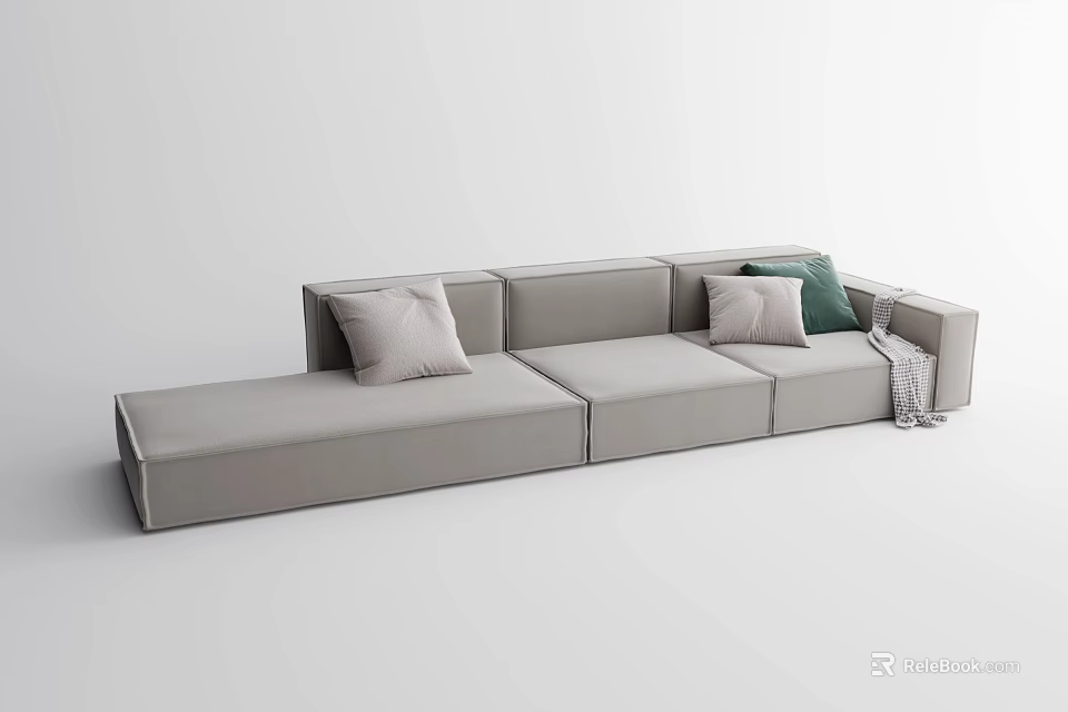 Modern Gray Sectional Sofa with Neutral and Green Pillows and Throw Blanket 3d model 
