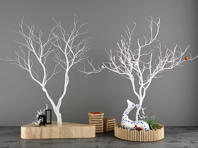 Decorative Ornament Set With White Branches Wooden Base Fish Ornament Red Fruits And Green Plants 3d model