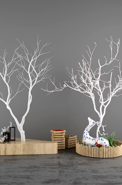 Decorative Ornament Set With White Branches Wooden Base Fish Ornament Red Fruits And Green Plants 3d model