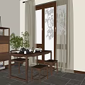 Traditional Tea Room Interior With Wooden Table Chairs Tea Sets Plants And Scenic View