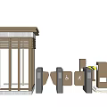 Modern Entrance Gate With Security Booth Accessible Turnstiles And Warning Stripes