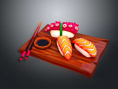 Appetizing Japanese Sushi Platter With Salmon Octopus Chopsticks And Soy Sauce On Wooden Tray 3d model