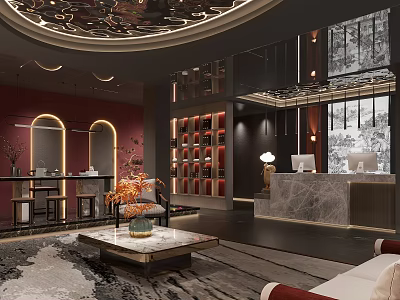 Elegant Lobby Interior Design With Luxurious Sofa Marble Coffee Table And Wooden Bookshelf 3d model