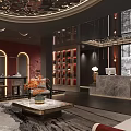 Elegant Lobby Interior Design With Luxurious Sofa Marble Coffee Table And Wooden Bookshelf