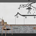 Traditional Chinese Leisure Chair Interior With Clay Pots And Branch Pendant Light