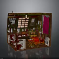 Detailed Miniature Room Model With Grid Window Bookshelf Red Curtain And Furniture