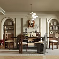 Modern Restaurant Interior With Wooden Dining Table Chairs Hanging Lamp Arched Bookshelves And Decorations