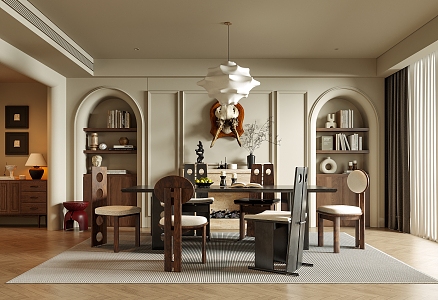 Restaurant Dining Table and Chair Chandelier Dining Table Dining Chair Bookcase Niches 3d model