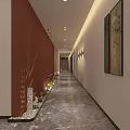 Elevator Hallway With Red White Walls Gray Floor Lighting Decorative Paintings And Plants