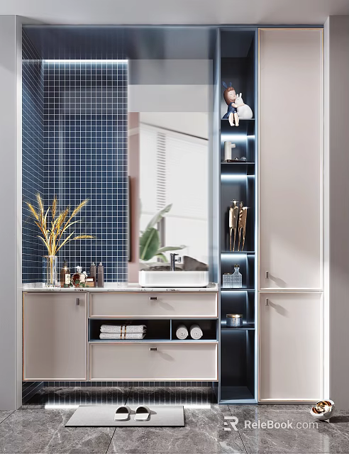 Bathroom Vanity With Blue Mosaic Tile Wall Mirror White Cabinet And Potted Plants 3d model 