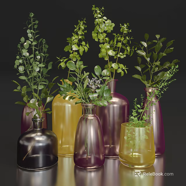 Decorative Colorful Glass Vases with Fresh Green Foliage and Unique Shapes 3d model 