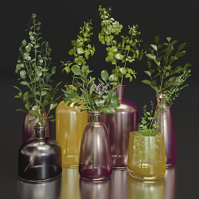 Decorative Colorful Glass Vases with Fresh Green Foliage and Unique Shapes 3d model