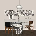 Modern Dining Table Set With Marble Pattern Wall Art White Pendant Light And Mixed Chairs 3d model