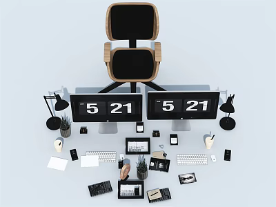 Decorative Ornament Combination with Digital Clock Electronic Devices Stationery on Office Desk 3d model