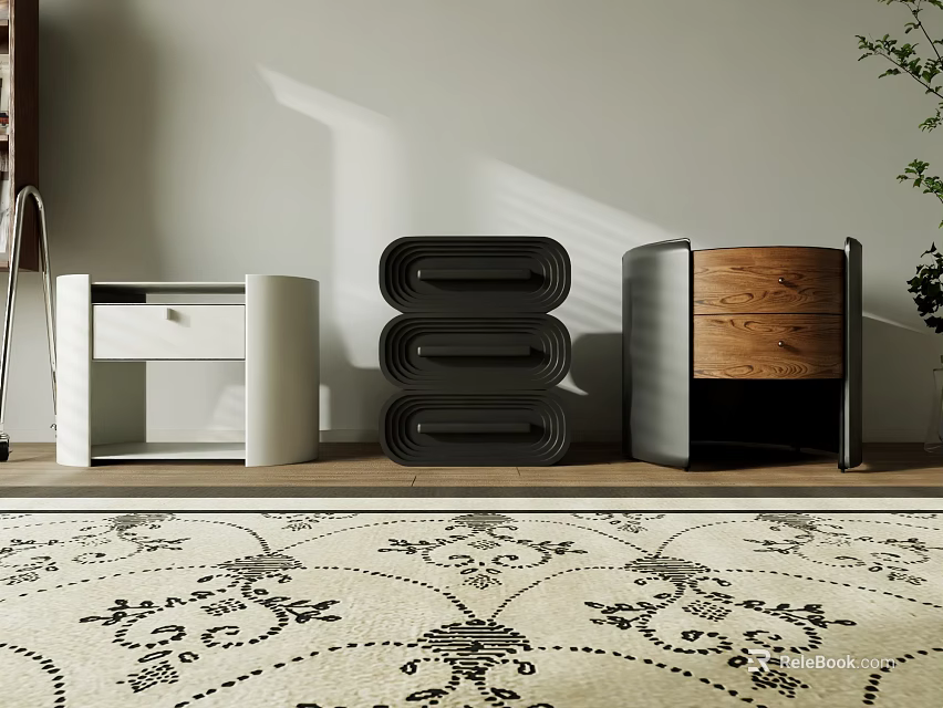 Three Modern Bedside Tables With Black White Wooden Drawers And Floral Rug 3d model 