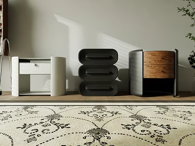Three Modern Bedside Tables With Black White Wooden Drawers And Floral Rug 3d model