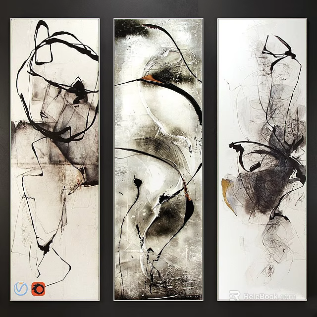 Three Vertical Framed Abstract Paintings In Black White Grey Modern Style 3d model 