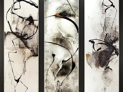 Three Vertical Framed Abstract Paintings In Black White Grey Modern Style 3d model