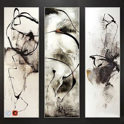 Three Vertical Framed Abstract Paintings In Black White Grey Modern Style 3d model