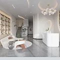 Modern Beauty Salon Interior With White Reception Desk Round Sofa Area And Wooden Shelves