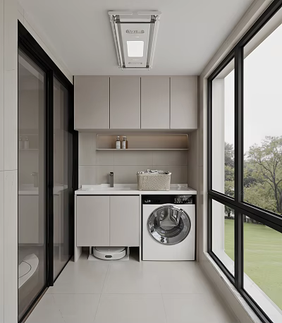 Home Balcony With Washing Machine Sink Storage Cabinets And Large Windows For Natural View 3d model