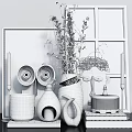 Modern Decorative Ornament Set With Dried Flowers Metal Vase And Geometric Accents