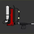 Red Fire Extinguisher with Black Handle Hose and Spray Nozzle on Dark Reflective Surface
