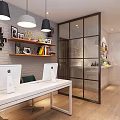 Modern Public Office Space Interior With Large Screen Sofa Green Plant And Hanging Lights